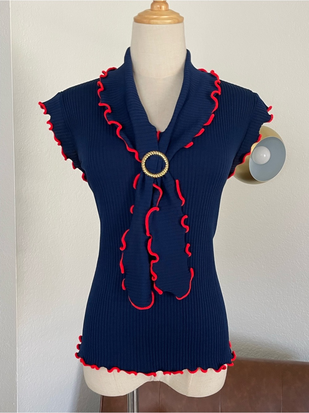 Vintage 1970s Rewetex Classic Tie Ribbed Blouse